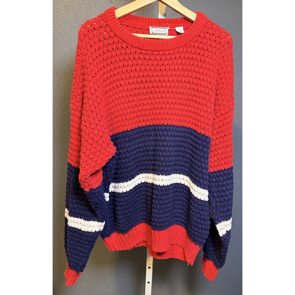 Vintage Lazarus Sweater  L Red White Blue Cable Knit Crew Stretch Heavy Cotton